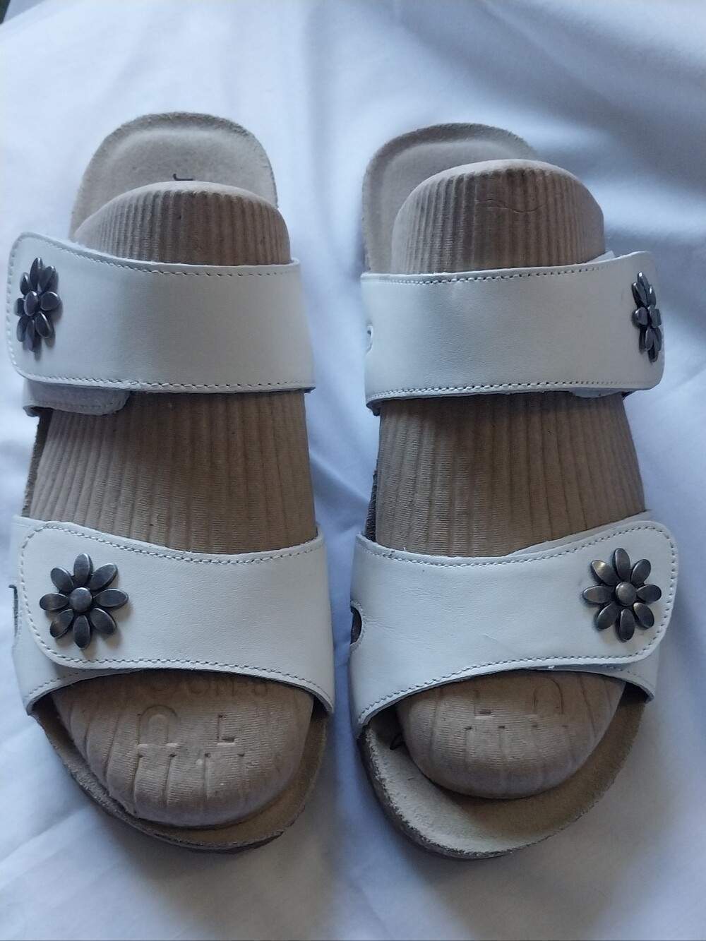 Josef Seibel Tonga White Double-Strap Sandals with Floral Studs